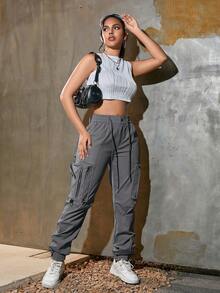 Women's Y2K Streetwear Vintage Drawstring Waist Multi-Pocket Side Zipper Detail Snap Button Hem Cargo Jogger Pants, Casual Daily Wear Spring - Dark Grey - View 4