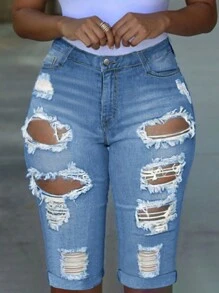 Women's Tight Distressed Versatile Denim Knee Length Shorts, Spring/Summer - Light Wash - View 1