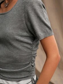 Anewsta U-Neck Pleated Knitted Grey Short Sleeve Casual Crop Top - Grey - View 2
