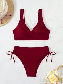 SHEIN Swim Ensemble bikini croisé unicolore pour femmes pour plage et été, ensemble bikini sexy pour les vacances - Rouge foncé - Voir 5