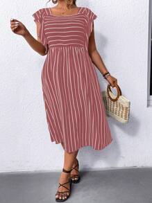 SHEIN LUNE Plus Size Striped Colorblock Ruffle Hem Vacation Casual Dress