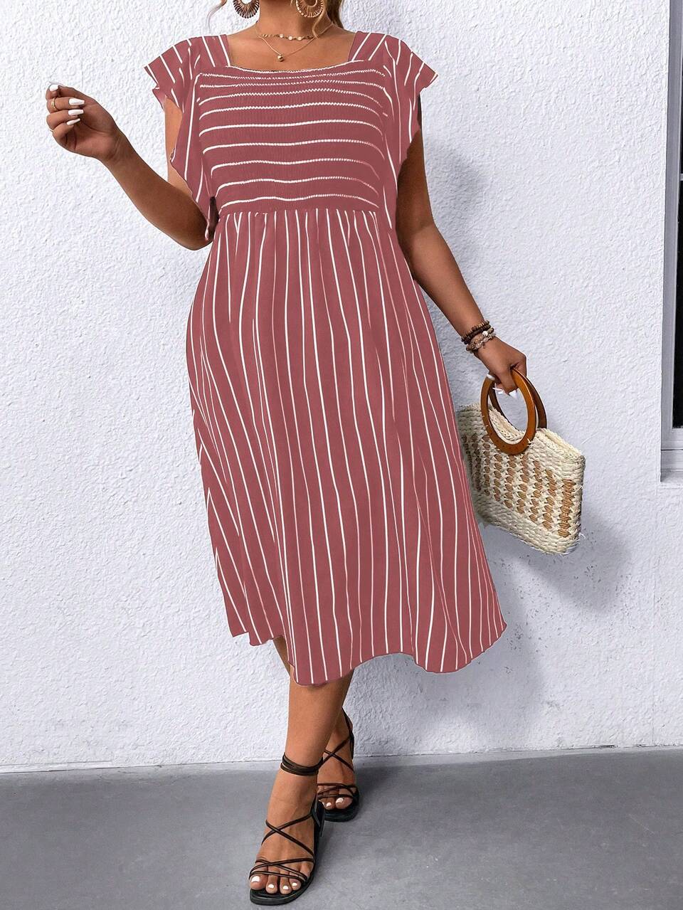 Plus Size Striped Colorblock Ruffle Hem Vacation Casual Dress