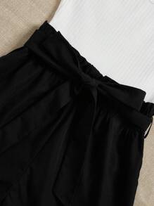 SHEIN Frenchy 女士夏日針織拼接短袖休閒連身褲，搭配編織短褲 - 黑與白 - 查看 3