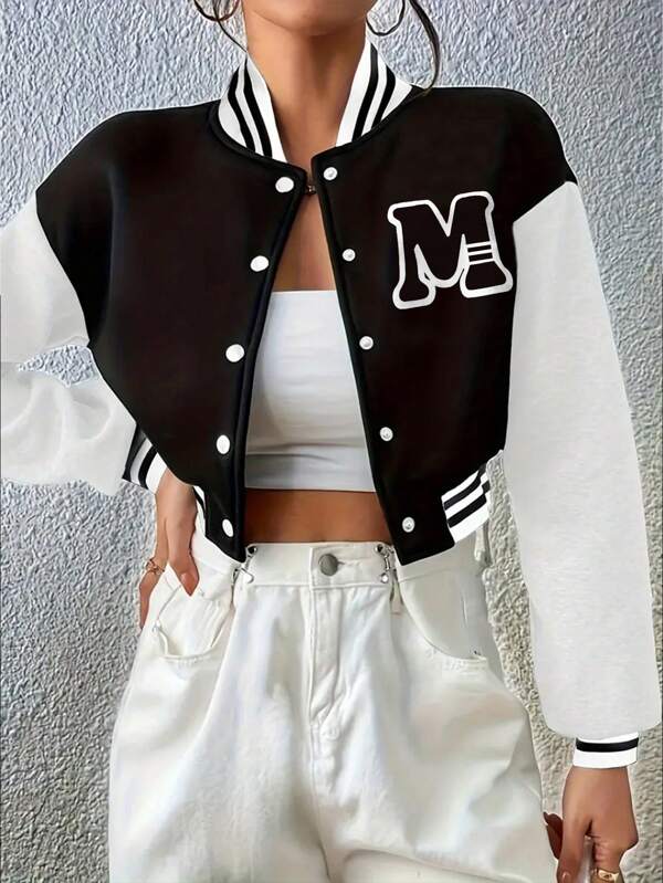 INAWLY Women's Front Button Color Block Letter Print Baseball Collar Jacket