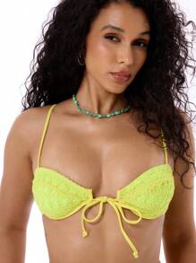 Musera Resort Women Bikini Tops Tie Back Dasi Depan Bordir Eyelet Plain - Kuning - View 1