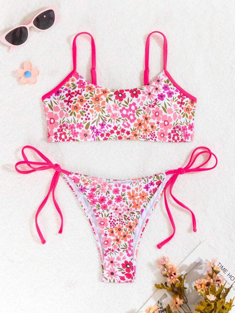 Ladies' Ditsy Floral Tie-Side Thong Bikini Set, Sexy Beach Bikini Set,Summer Beach