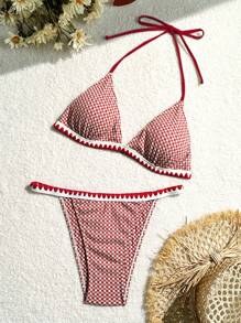 SHEIN Swim Women's Vacation Gingham Halter Neck Strap Sexy Bikini Set, Two-Piece Summer - Red and White - View 2