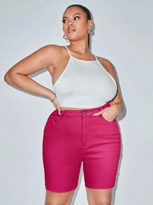 SHEIN SXY Plus Size Women Solid Color Simple Daily Wear Denim Shorts