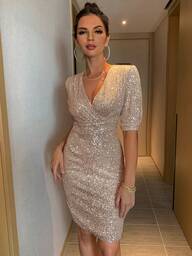 Joyfunear 1 szt. Modna damska sukienka z cekinami i dekoltem w serek, letnia