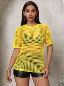 Slaydiva Music Festival Black Versatile Sexy Casual Loose Mesh Crochet Women's Short Sleeved T-Shirt Top - Yellow - View 7