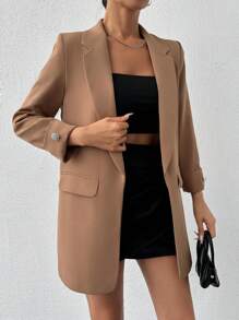 EURMUSE Women's Spring And Autumn Slim Lapel Long Sleeve Daily Commute Suit Jacket - Mocha Brown - View 4