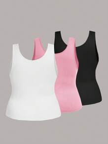 SHEIN LUNE 3 chiếc áo hai dây cổ tròn bó sát đa năng cỡ lớn dành cho nữ, thích hợp cho mùa hè - Nhiều màu - Xem 2