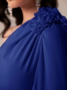 Modelyn 女士春夏纯色不对称领长斗篷袖优雅连衣裙长款晚礼服 - 寶藍色 - 查看 8