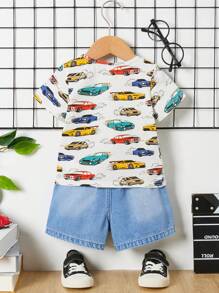 SHEIN Baby Boy 2pcs Casual Car Pattern Short Sleeve T-Shirt And Sports Ripped Jeans Shorts Set For Summer Outfits - Multicolor - View 2