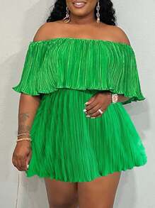 Slaydiva 大码露肩荷叶边领口宽松绿色褶皱面料连衣裙