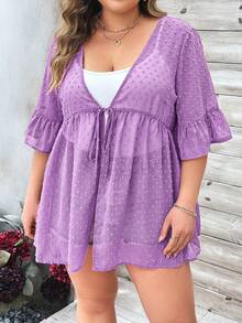 SHEIN LUNE Luźne kimono damskie plus size z rozszerzanymi rękawami i wiązaniem w talii na lato - Wrzosowy - Zobacz 5