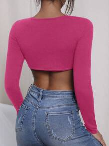 EURMUSE Rhinestone Fringe Hem Crop Sweater - Hot Pink - View 2