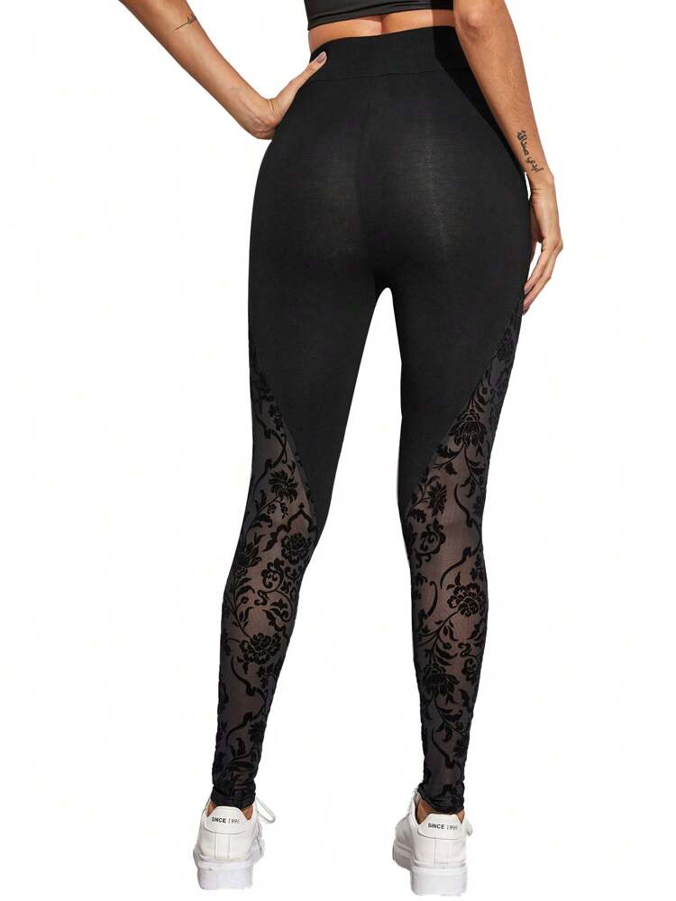 High Waist Flocked Mesh Insert Leggings