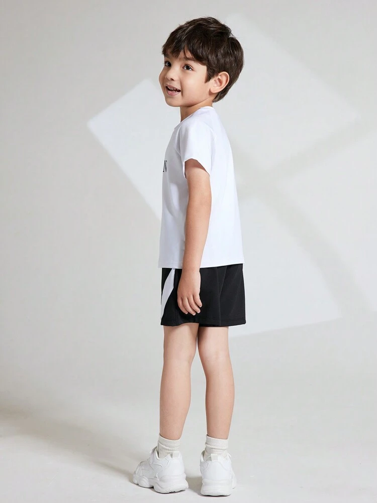 Young Boy Summer Casual Short Sleeve Letter Printed T-Shirt With Color Block Patchwork Shorts Sports Outfits
