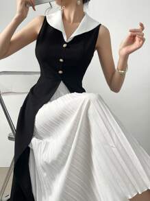 Modelyn Đầm Maxi Không Tay Xếp Ly Màu Tương Phản Thanh Lịch Cho Nữ Mùa Hè Trang Phục Đầm Dạ Hội Dài - Đen và trắng - Xem 4