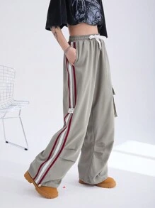 SHEIN Coolane Y2K Cargo Pants Women Fashion Wide Leg Casual Pants Loose Striped Sports Sweatpants Drawstring Parachute Pantsh Trousers - Green - View 8