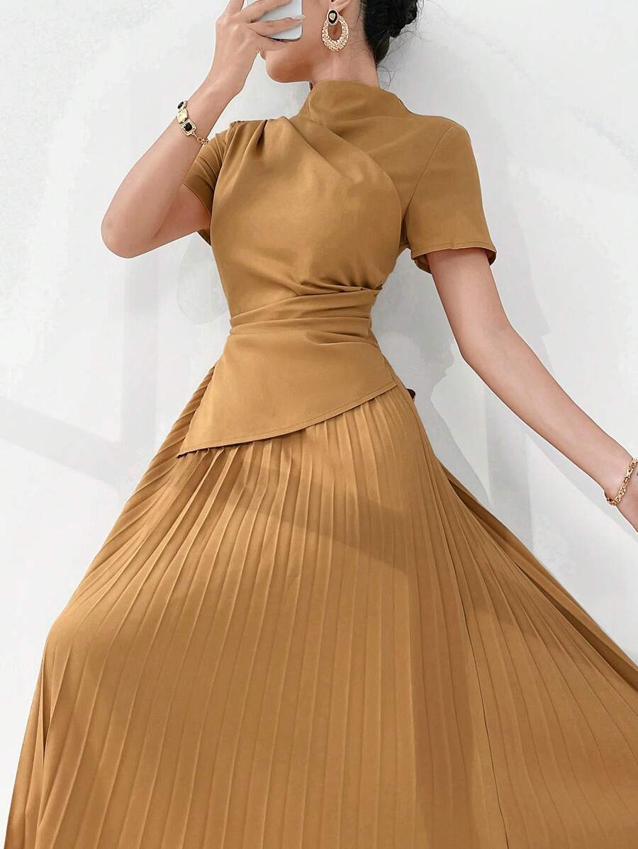 Modelyn Đầm cổ đứng tay ngắn màu trơn thời trang cho nữ - Màu Khaki - Xem 1