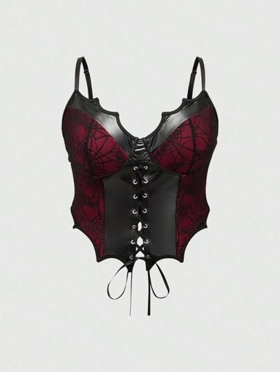 Goth Black Sexy Y2K Lady PU Leather Splicing Spider Net Lace Bat-Shaped Black And Red Color Block Plus Size Corset Top With Underwire, For Summer