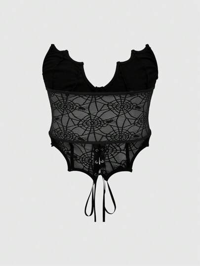 Goth Corset top gótico y sexy de PU en forma de murciélago con copa de busto, red de arañas empalmada, ribete de encaje y dobladillo con espina de pescado en talla grande