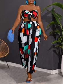 SHEIN Holidaya Conjunto de top bandeau y pantalón estampado de colores para mujeres de talla grande - Negro - Ver 4