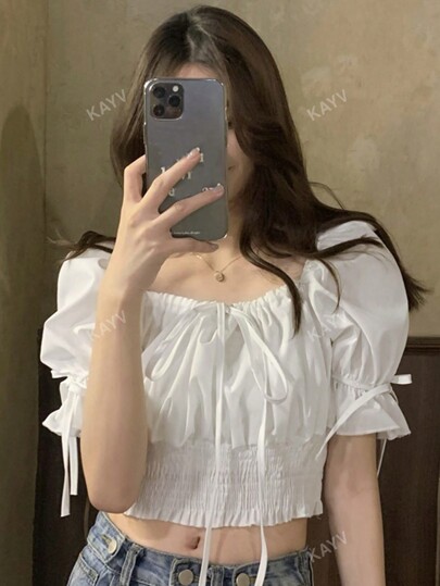 女士時尚夏季純色鬆緊腰泡泡袖上衣