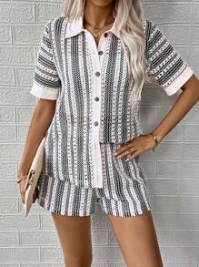 Breezaya Conjunto de mujer de blusa tejida de manga corta simple y pantalones cortos casuales, uso diario