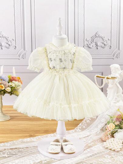 Baby Girl's Pretty Elegant Puff Sleeves Stand Collar Dress, Great For Banquet