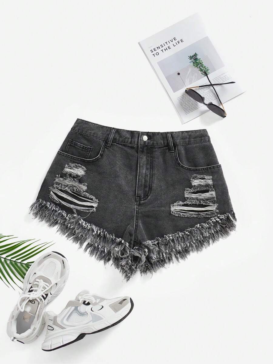 SHEIN ICON Plus Size Denim Shorts With Fringe And Distressed Details - Black - View 1