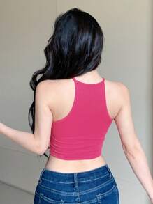 DAZY Summer Solid Color Slim Fit Cropped Halter Top Tank Tops - Hot Pink - View 5