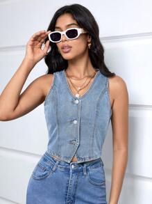 SHEIN Essnce Women's Fashionable Sleeveless Denim Jacket - Light Wash - View 6
