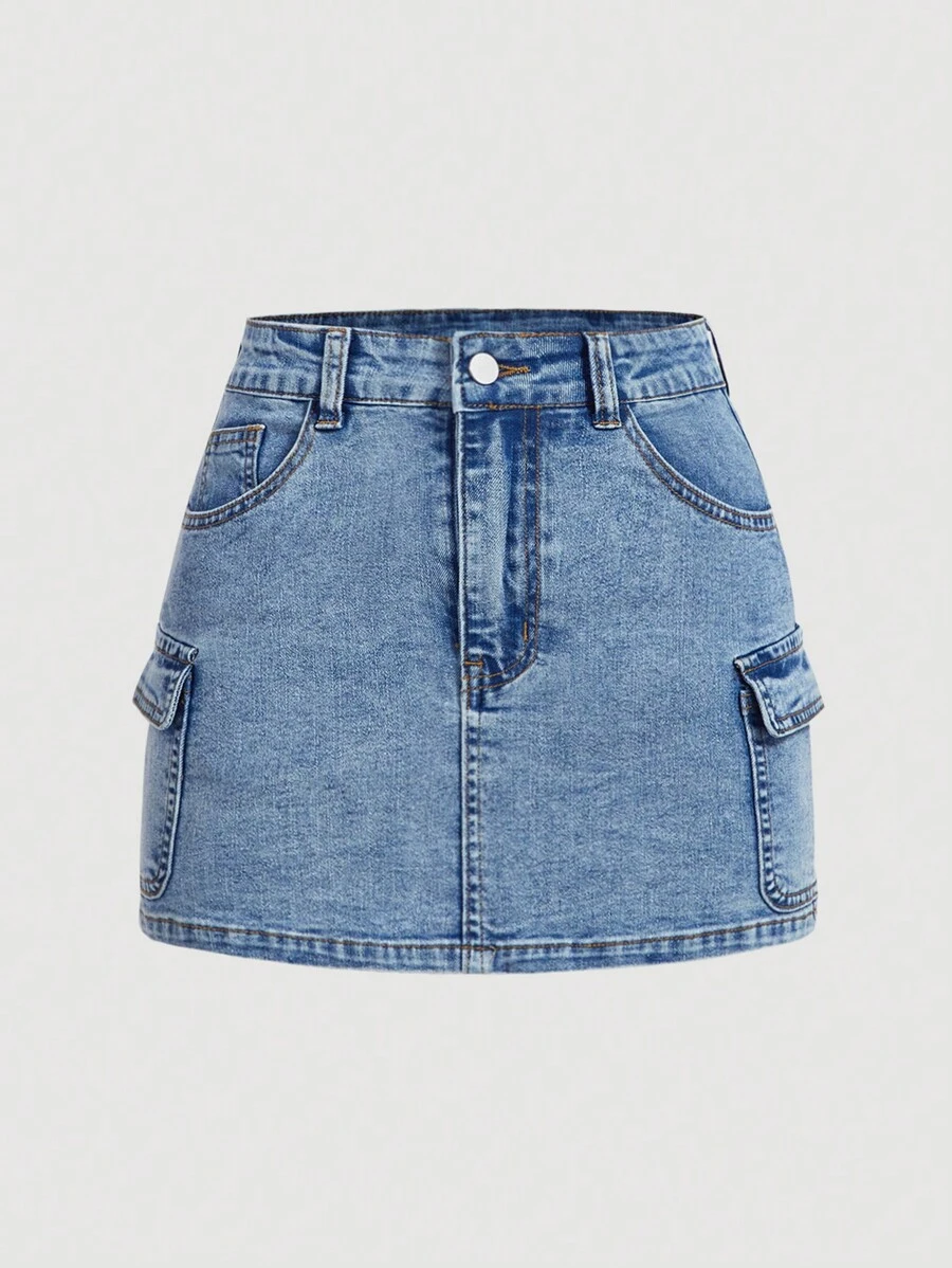 SHEIN MOD Váy Denim Màu Trơn Cho Nữ Có Túi Và Nút, Mùa Hè - Rửa trung bình - Xem 1