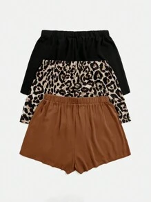 SHEIN VCAY Set de 3 shorts de talla grande para mujer en unicolor y estampado de leopardo - Marrón - Ver 2