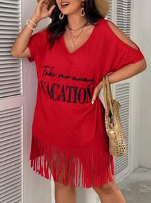 SHEIN VCAY Plus Size Boho Women's Summer Batwing Short Sleeve V-Neck Casual Beach Holiday Sundress With Slogan Print - Red - View 4