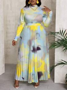 Slaydiva 大码休闲日常 - 多材质面料褶皱印花大码西装 + 春假春季 + 两件套裙子套装 - 綠色 - 查看 3