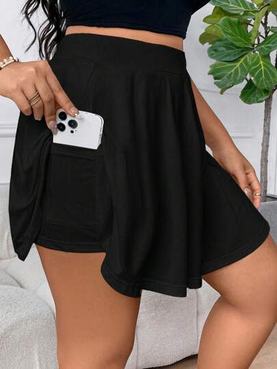 Elenzga Plus Size Summer Casual Solid Color Pocket Skirt Shorts