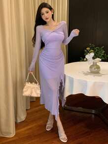 DAZY 女士简约日常网纱拼接连衣裙 舞会礼服 优雅女装 - 淡紫色 - 查看 1