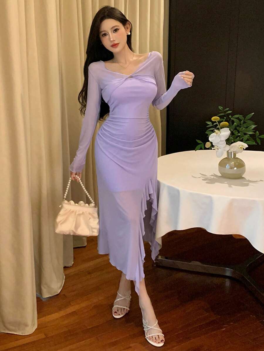 DAZY 女士简约日常网纱拼接连衣裙 舞会礼服 优雅女装 - 淡紫色 - 查看 1