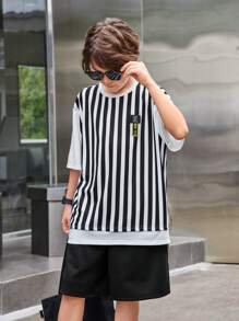 Tween Boy 2 peças/conjunto de ajuste solto casual listrado 2 em 1 camiseta de manga curta e shorts - Preto - Ver 5