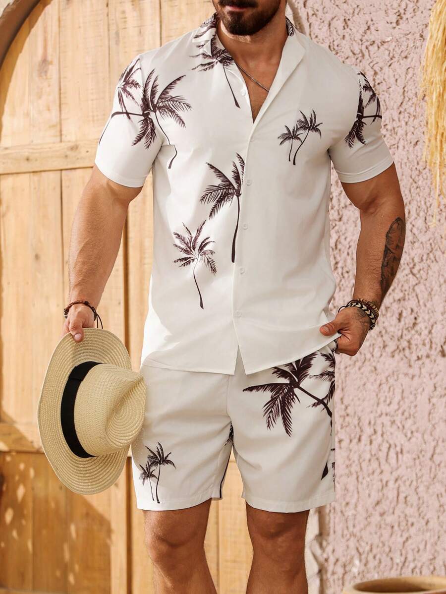 Manfinity RSRT Men Coconut Tree Printed Beach Vacation Short Sleeve Shirt And Shorts Set - Multicolor - View 1