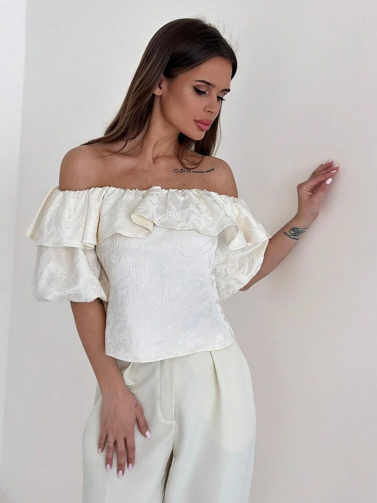 Romantic Date Off Shoulder Texture Fabric Puff Sleeve Cropped Loose Women's Shirt