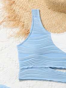 Tween Girl Fashionable Solid Color Bikini Set Separates/Bikini Set (3pcs) Summer Beach - Blue and White - View 4