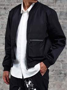Manfinity Homme Men's Spring Autumn Solid Color Baseball Collar Loose Casual Jacket With Long Sleeves - Black - View 1