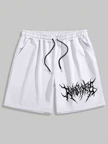 ROMWE MEN Goth Pantalones cortos con cordón en la cintura con gráfico de letras para hombre, escolar - Blanco - Ver 1