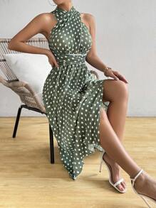 SHEIN LUNE Women's Summer Pleated Polka Dot Printed Criss Cross Halter Dress