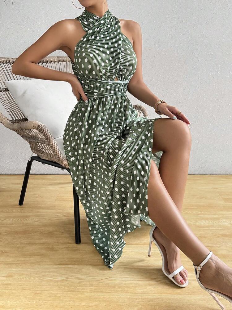 Women's Summer Pleated Polka Dot Printed Criss Cross Halter Dress